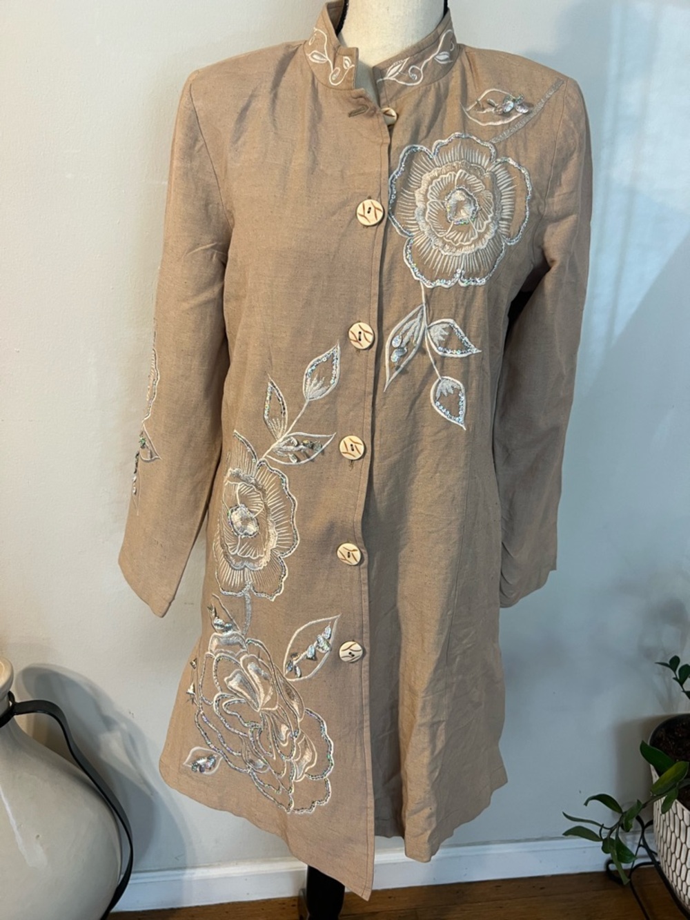 Indigo Beige Embroidered Long Sleeve Floral Coat Dress
